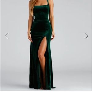 Green velvet long side suit dress